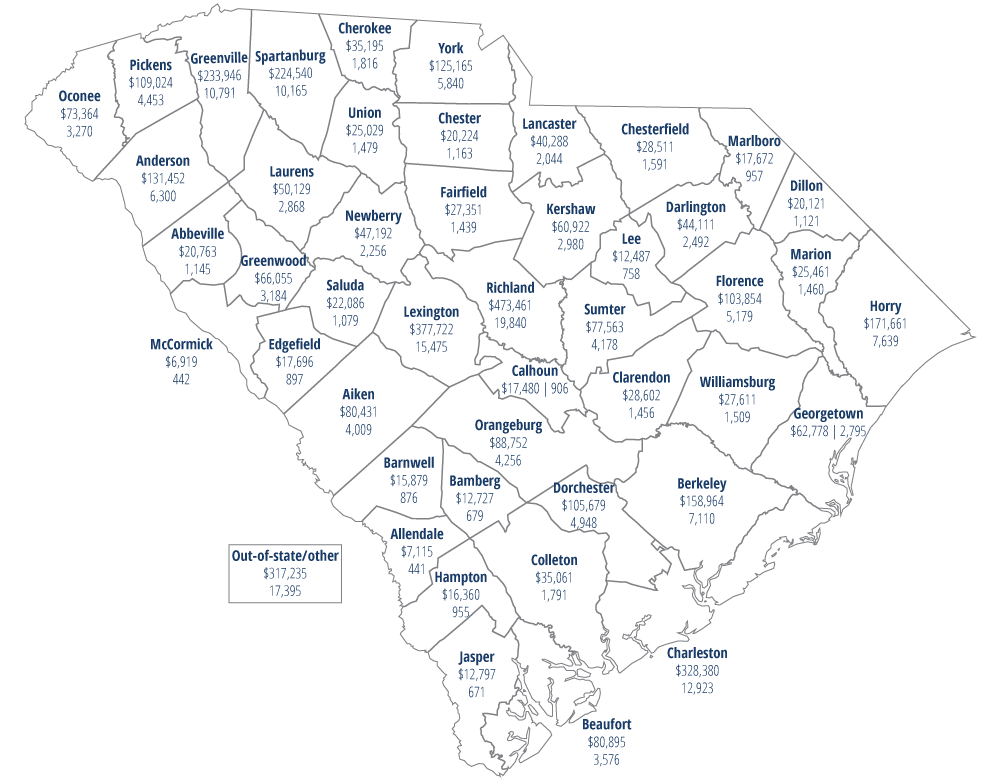 map of South Carolina that shows the number of retirees in each county and the total amount PEBA disbursed to each county